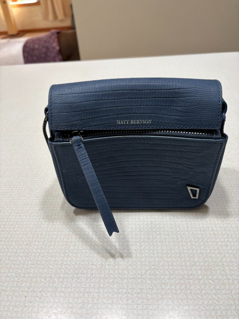 Like New Matt Bernson Snake Embossed Navy Blue Leather Crossbody/Shoulder bag